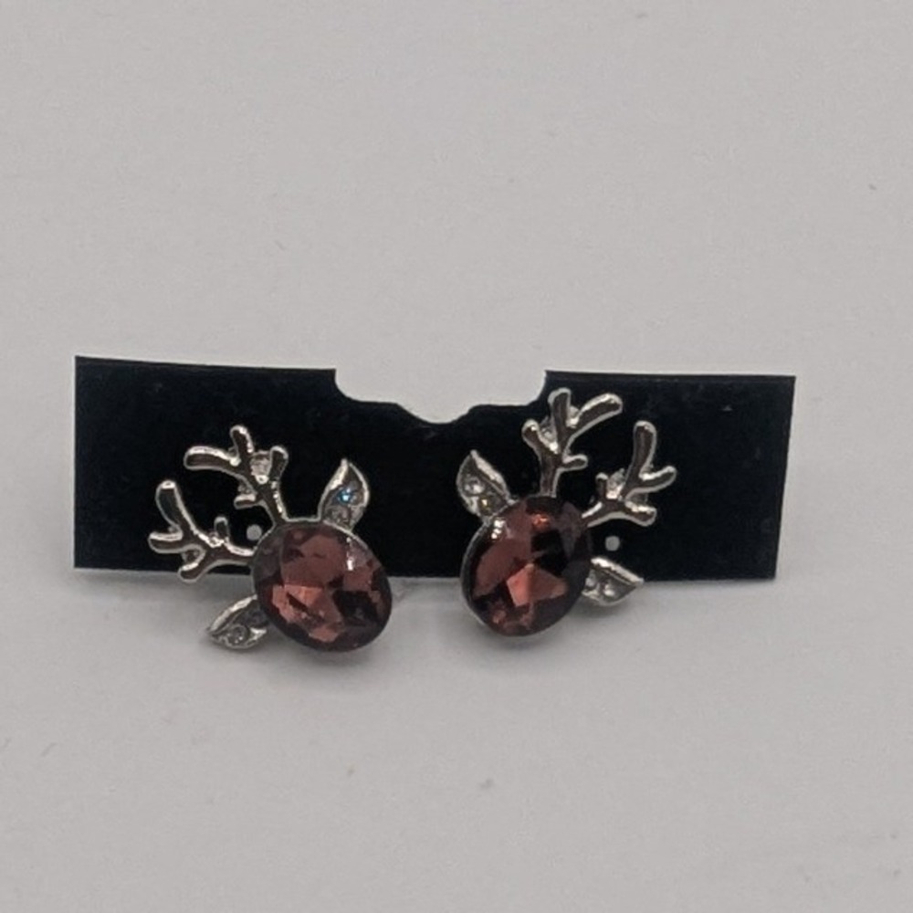 Silver Reindeer Stud Earrings Purple Crystal Antler Holiday Jewelry Festive DIY